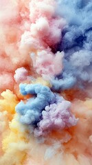 A dynamic abstract composition of colorful smoke plumes in shades of pink, blue, and yellow, creating a sense of movement and energy.