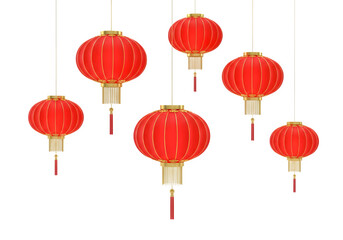 Vibrant red traditional Chinese lanterns with golden details, perfect for festive designs, isolated on a transparent background, PNG format, ideal for holiday graphics