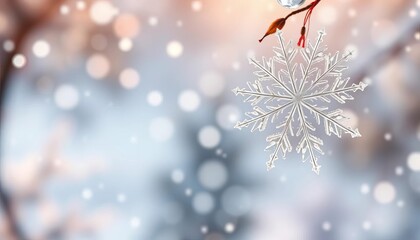 Intricate, crystalline snowflakes falling on a soft, blurred winter background, season, wonder