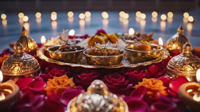 Karva Chauth Puja Thali under Full Moon and Starry Sky Night Scene