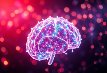 Abstract glowing network nodes forming a brain shape, innovation, system