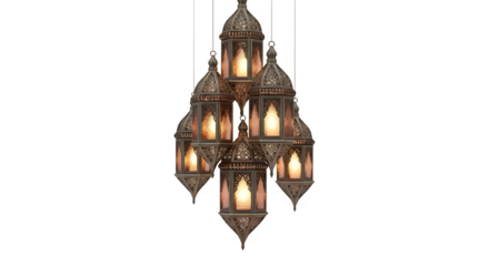 A beautiful cluster of ornate vintage Moroccan hanging lanterns forming a chandelier with a warm glow, isolated on a transparent background, PNG