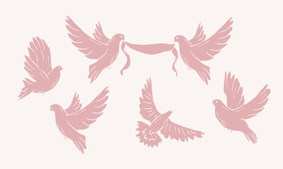 Doodle flat vector doves collection. Silhouette illustration