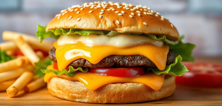Juicy double cheeseburger with melted cheese, sesame seed bun, lettuce, and tomato,  gourmet,  pickles