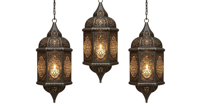 Beautiful Hanging Lanterns with intricate designs, perfect for decoration and ambiance, PNG transparent background