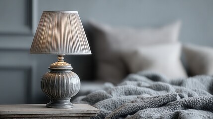 Rustic Ceramic Table Lamp on Wooden Surface with Cozy Blanket – Warm Interior Still Life, Home Decor, Cozy Lighting