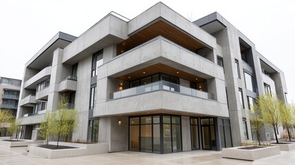 Modern Apartment Building Exterior with Landscaped Entrance and Large Windows, Urban Residential Architecture, Contemporary Design