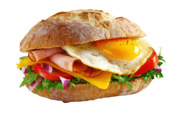 Ham and egg sandwich with vegetables on a rustic bun isolated on a transparent background