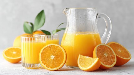 Freshly Squeezed Orange Juice in Glass Pitcher with Citrus Fruits - Healthy Breakfast and Refreshing Summer Drink Still Life.