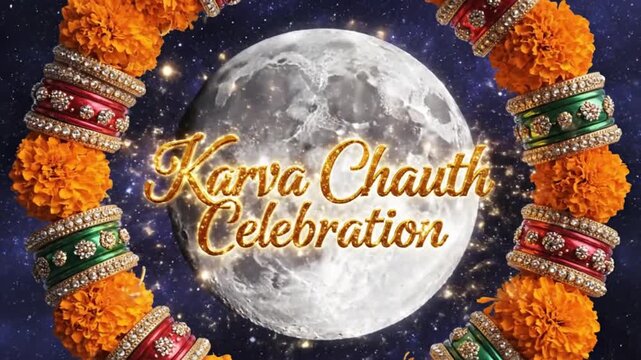 Karva Chauth Celebration Full Moon Background Marigold Flowers Bangles