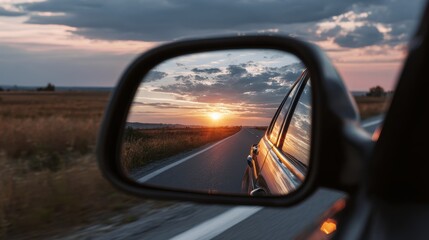 Sunset reflected in car mirror