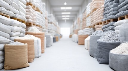 Stacked Bulk Bags of White Powder in Warehouse, Industrial Storage, Raw Material Supply, Manufacturing Process, Chemical Production.
