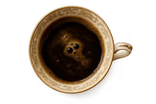 Hot black coffee in an elegant classic cup, a caffeinated drink for energy and morning ritual, transparent background