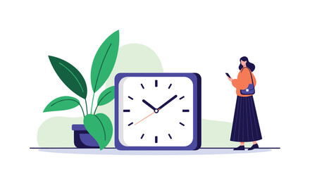 A woman checks her phone next to a large square clock and a potted plant.