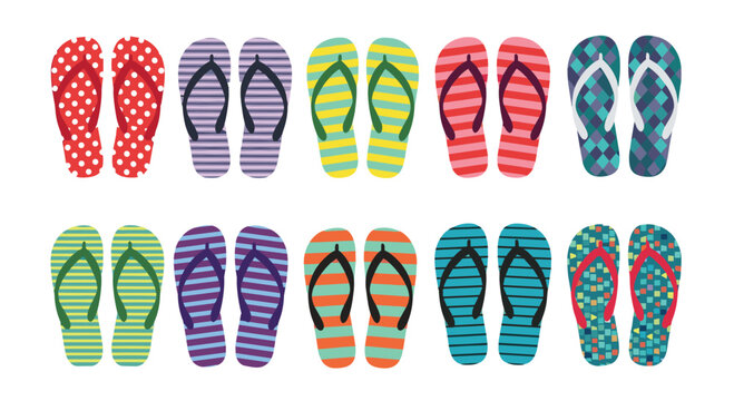 A colorful assortment of twelve pairs of flip-flops arranged in two rows on a white background.