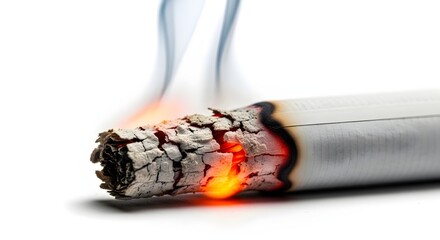 Burning cigarette releasing smoke on a dark black background