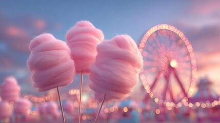 Fototapeta premium Pink cotton candy in front of ferris wheel concept. Cotton candy in pink hues at a fair with a Ferris wheel backdrop.