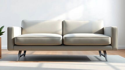 An ultra-realistic digital painting of a modern minimalist sofa. Clean lines and sleek form rendered with precise detail. Cool, neutral tones dominate, with subtle highlights on the brushed metal legs