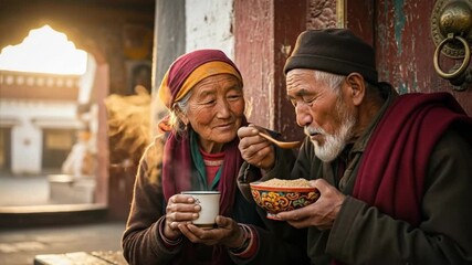 Elderly couple sharing a warm meal in serene morning light at a tranquil temple courtyard - Powered by Adobe