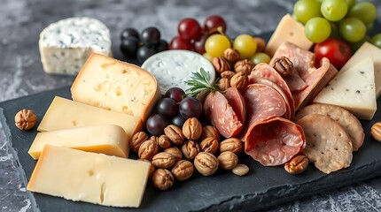 An ultra-realistic food composition of assorted cheeses and charcuterie, with grapes and nuts, on a slate board with diffused lighting