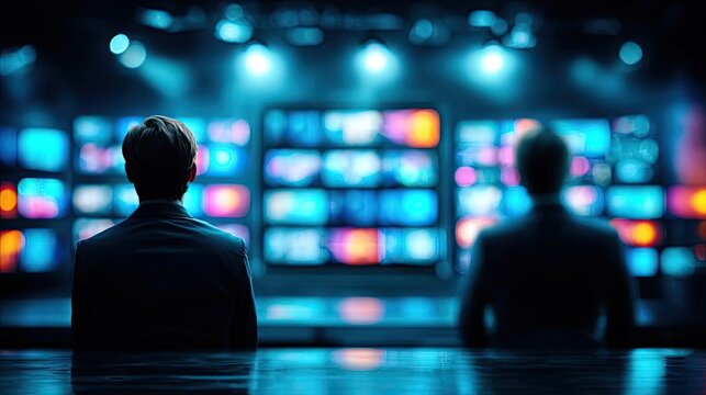 Blurred news studio with screens and lights concept. Two individuals observe digital screens in a modern studio.