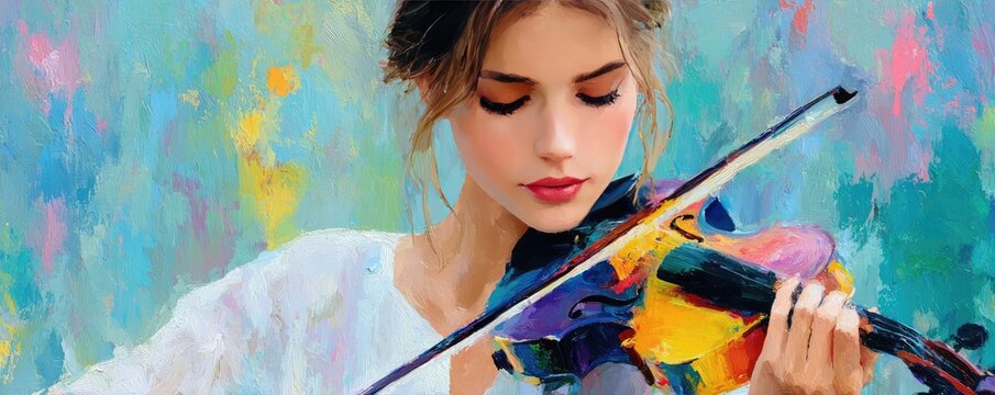 Young woman deeply immersed in music concept. Young woman playing violin against a vibrant abstract background.