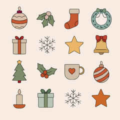 A cheerful set of holiday icons featuring Christmas ornaments, holly, stockings, wreaths, gifts, snowflakes, bells, candles, trees, mugs, and stars—ideal for cards, branding, and festive visuals.