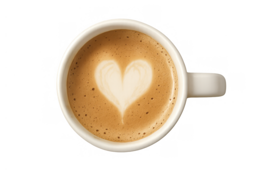 Coffee cup with heart latte art, a symbol of love and warmth, isolated with transparent background