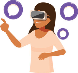 Woman wearing vr headset is pointing at speech bubbles, experiencing virtual communication