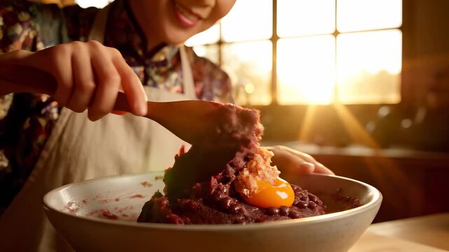 A woman stirs a mixture in a bowl, joyfully preparing a meal as the warm sunlight streams through the window. The woman&rsquo;s focus on cooking highlights the beauty of this food prepar