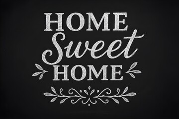 A poster with &ldquo;Home Sweet Home&rdquo; written in distinctive white chalk script on a solid black background