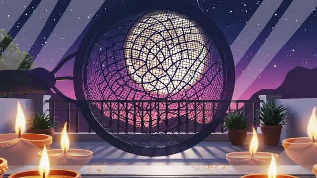Karva Chauth Full Moon View Through Sieve Diya Lamps Festival Scene
