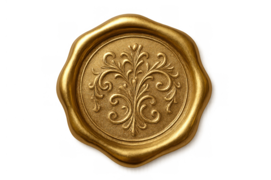 Gold wax seal with ornate filigree pattern, embodying authenticity, quality, and official approval marking important documents