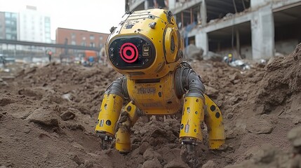 Yellow robot crawler with a red lens navigates a muddy construction site with damaged buildings in the background on a cloudy day outdoors
