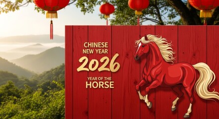 Festive Chinese New Year 2026 banner with red wooden panel, elegant gold typography, stylized embossed red horse illustration, Year of the Horse celebration design in vibrant red and gold holiday them