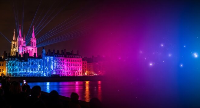 F&ecirc;te des Lumi&egrave;res, a banner with vibrant gradient from deep blue to magenta, illuminated city buildings and light installations on the left
