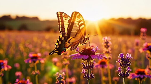 A butterfly rests delicately on a vibrant flower as the sun sets behind a blooming field. The butterfly's colorful wings complement the beauty of the flowers in this serene landsca