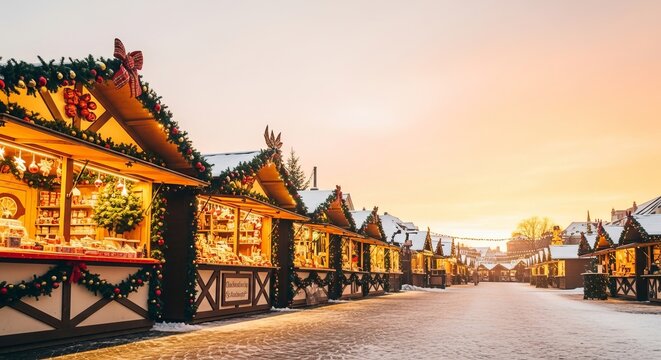 Christkindelsm&auml;rik, gradient from cream to warm orange, wooden chalets decorated with Christmas garlands on the left
