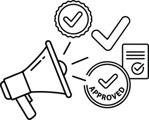 Vector illustration megaphone with approved stamp and checkmarks
