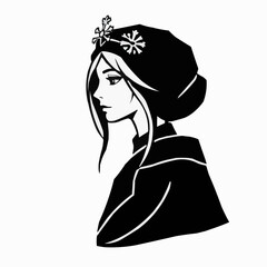 Stylish girl profile with snowflakes on hat in black and white
