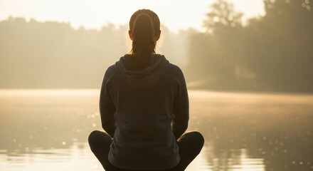 Woman meditating by the lakeside
