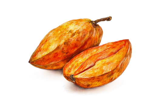 Stylized dry mango artwork in artistic pen sketch illustration isolated on transparent background