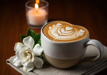 Hot cappuccino cup with latte art and white gardenia flower on a wooden table with candle