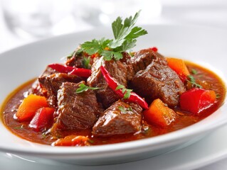 Hearty Beef Stew With Carrots And Red Peppers Garnished With Parsley And Chili Peppers