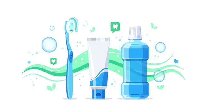 Daily Dental Care Essentials Kit Flat Design Illustration of Toothbrush, Toothpaste, and Mouthwash for Oral Hygiene and Fresh Breath