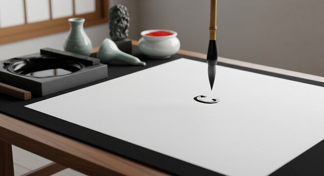 Traditional asian calligraphy brush writing black ink on white paper on a wooden desk - Powered by Adobe
