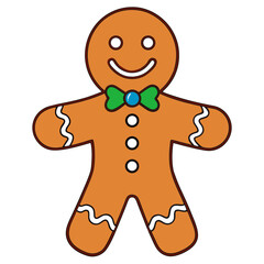 Smiling gingerbread man with green bow tie and blue gem
