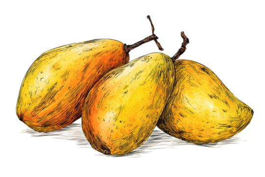 Hand-drawn dry mango artwork in detailed pen sketch isolated on transparent background