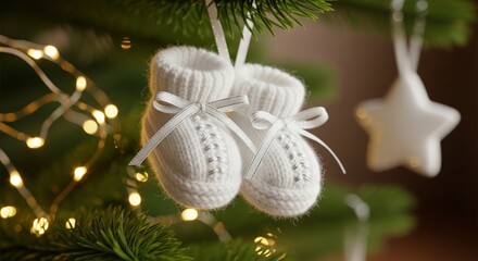 Small white knitted baby booties hanging on a green christmas tree branch with lights