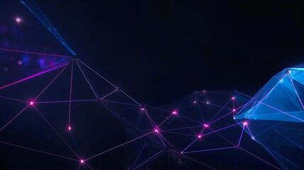 A dark futuristic background featuring glowing neon mesh networks with interconnected nodes and dynamic lines in blue and pink tones